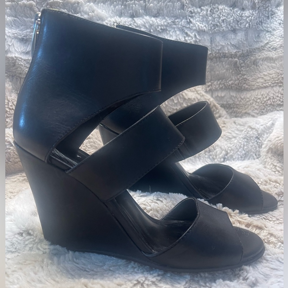 Trouvé Black Strappy Leather Wedges Size 5